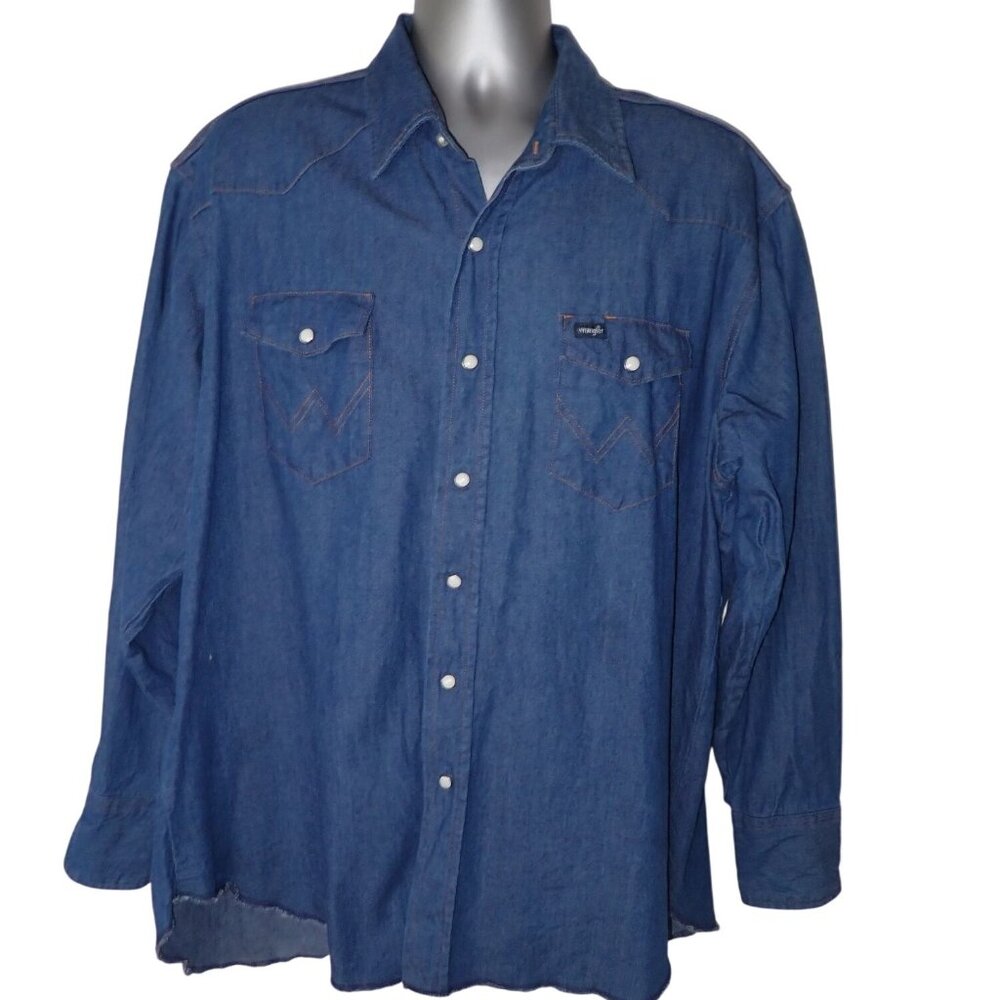 Vintage Wrangler‎ Denim Pearl Snap Mens XXL Brush Popper shirt Western Cowboy